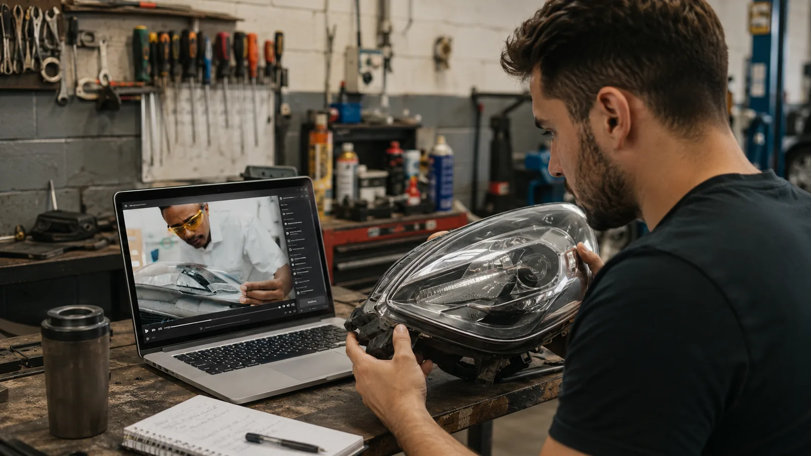 Cena ilustrativa de uma pessoa em uma oficina com um farol automotivo e um computador.