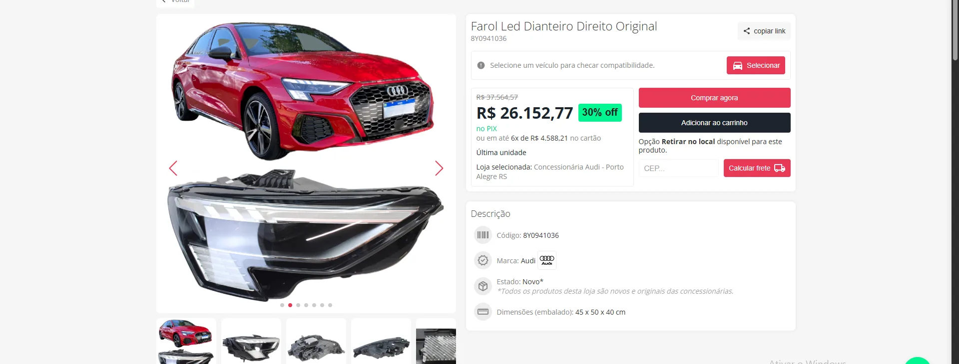 Anúncio de farol Audi com preço anunciado de R$ 26.152,77.