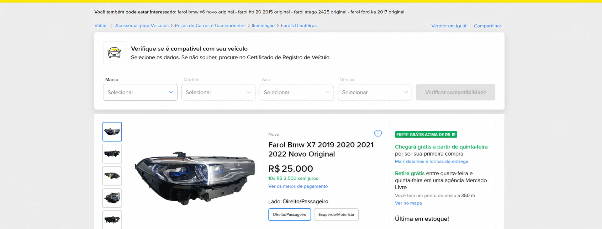 Anúncio de farol BMW X7 com preço anunciado de R$ 25.000.