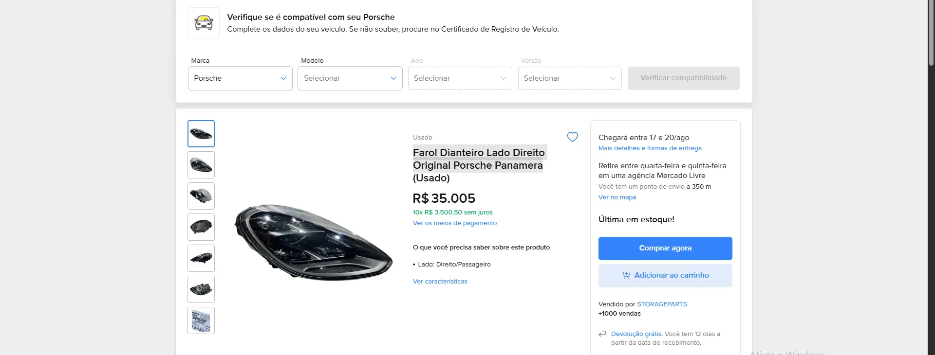 Anúncio de farol Porsche Panamera com preço anunciado de R$ 35.005.