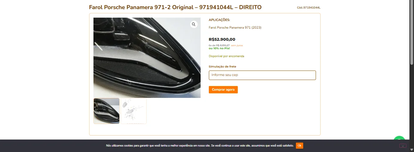 Anúncio de farol Porsche Panamera com preço anunciado de R$ 52.900.