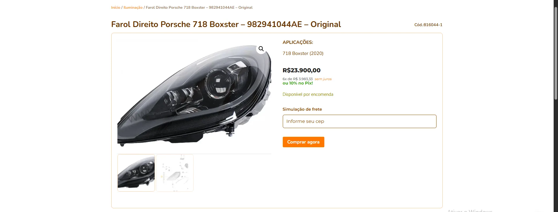 Anúncio de farol Porsche 718 Boxster com preço anunciado de R$ 23.900.