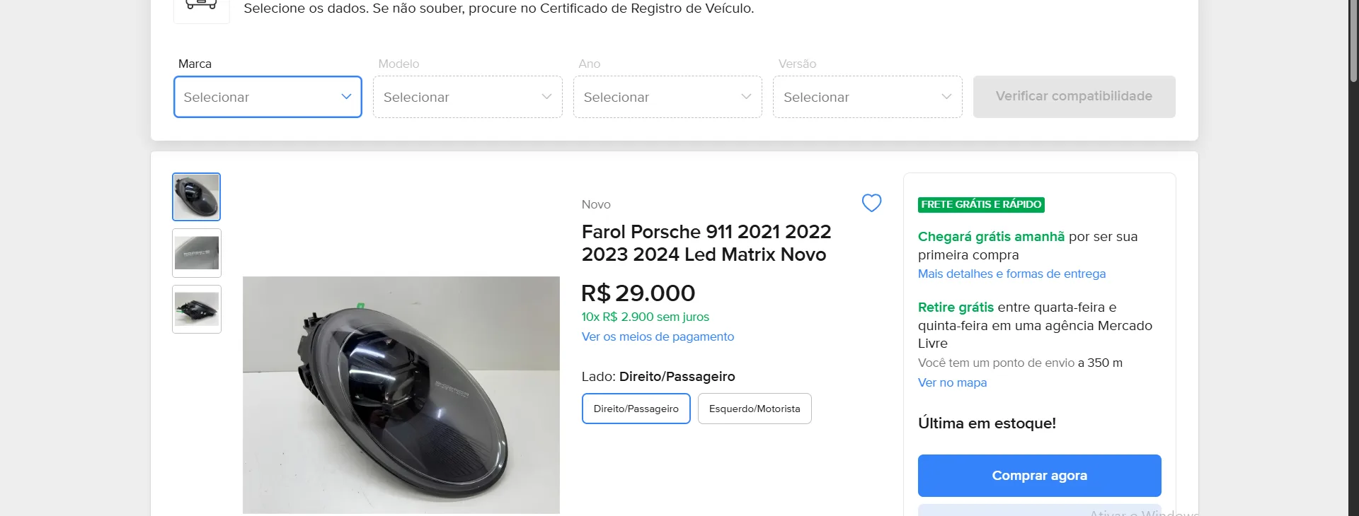 Anúncio de farol Porsche 911 com preço anunciado de R$ 29.000.