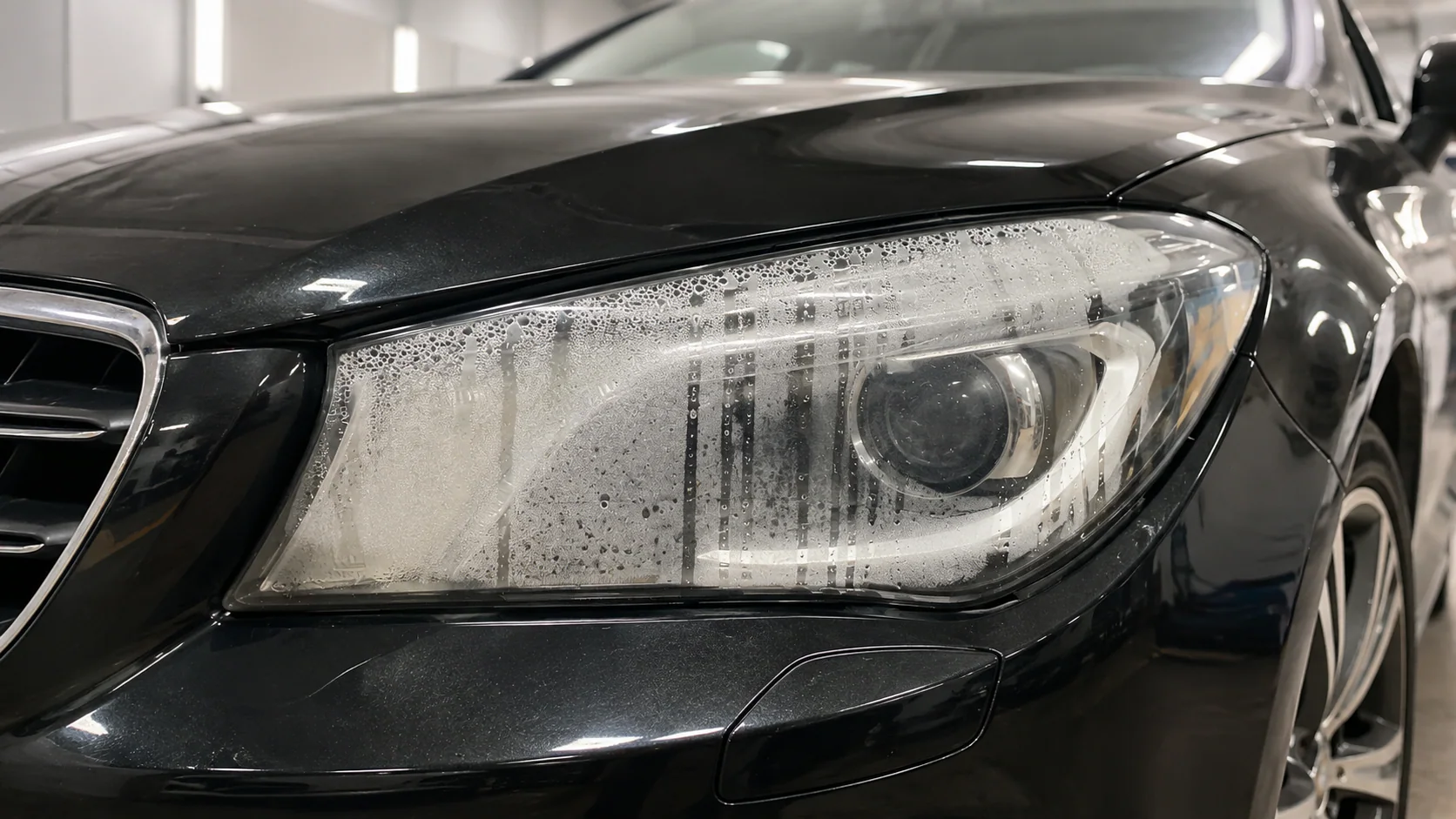 Farol Mercedes com infiltração de água visível no interior da lente.